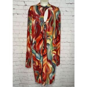 Women’s Plus Size 1X Bodycon Midi Dress Keyhole Swirl Print Long‎ Sleeve